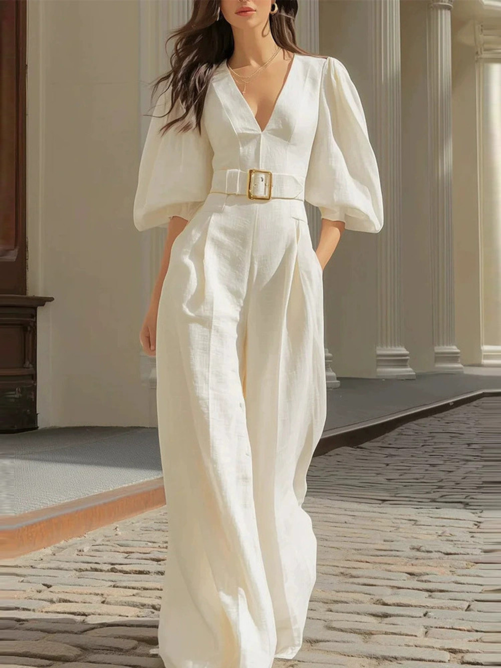 ZARA Womens Spring Chic Solid Deep V Neck Loose Jumpsuit